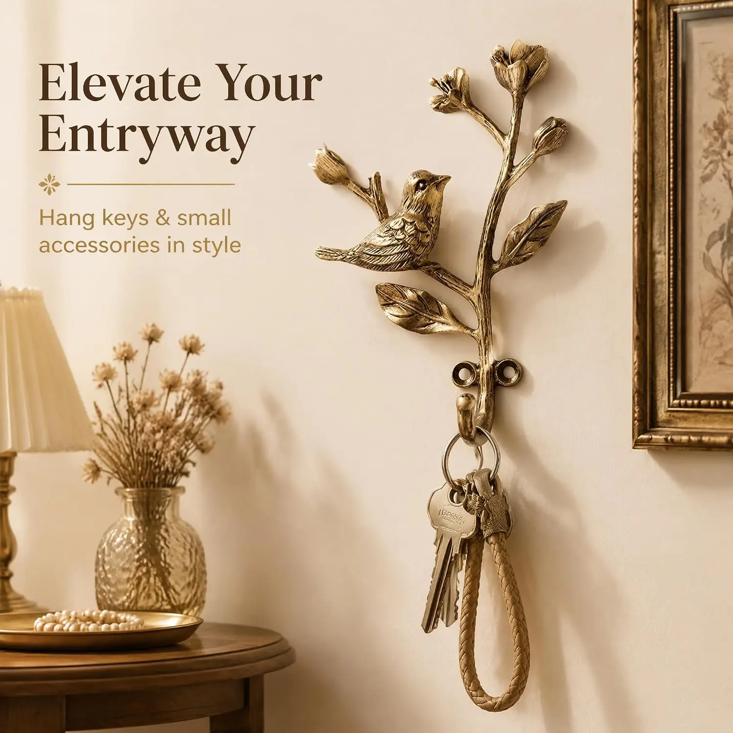 Vintage Floral Wall Hook for Entryway Decorative Alloy Bird on Branch Coat Hook 7 Inch Antique Farmhouse Mounted for Bathroom