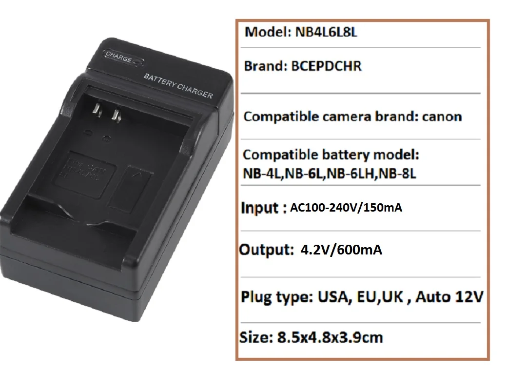 Cargador de batería de cámara para Canon NB-6L 4L 8L batería Compatible con Canon SD770 IS, SD980 IS, SD1200 IS, SD1300 IS, SD3500 IS