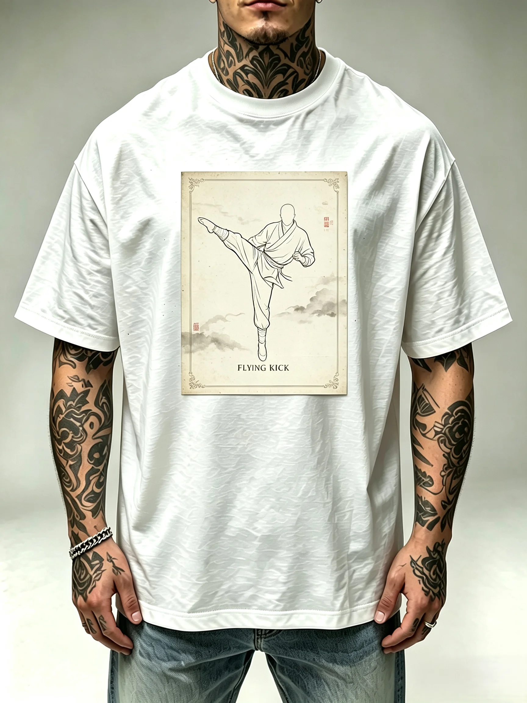 Unisex Flying Kick Shaolin Monk Kung Fu Line Art T Shirt Men Women Chinese Martial Arts Vintage Paper Graphic Oversized Short Sleeve Street Tops