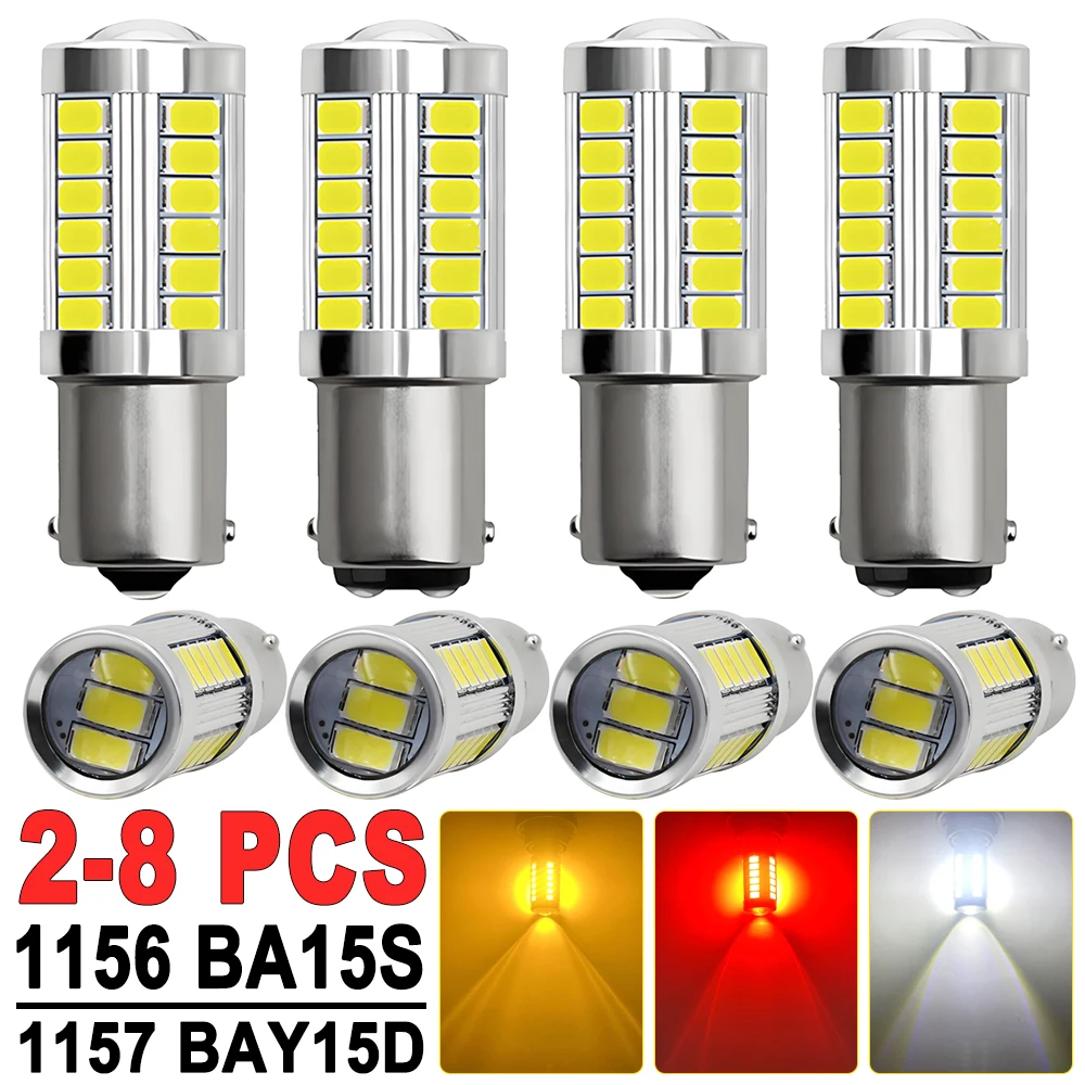 

2-8 шт. 1156 BA15S 1157 BAY15D Светодиодная лампа 12 В 33SMD Яркий белый Желтый Красный Автомобильный хвост Задний парковочный задний стоп-сигнал поворота