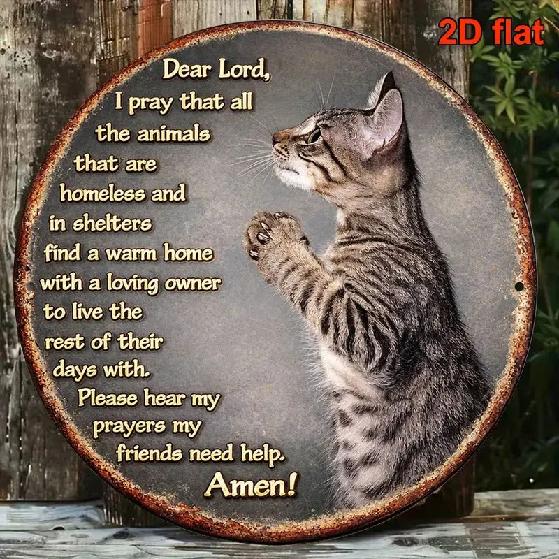 2D Flat Round Wooden Sign, Retro Wooden Plaque about Praying for Stray Animals, Cat Prayer Decorative Sign, Suitable for Living