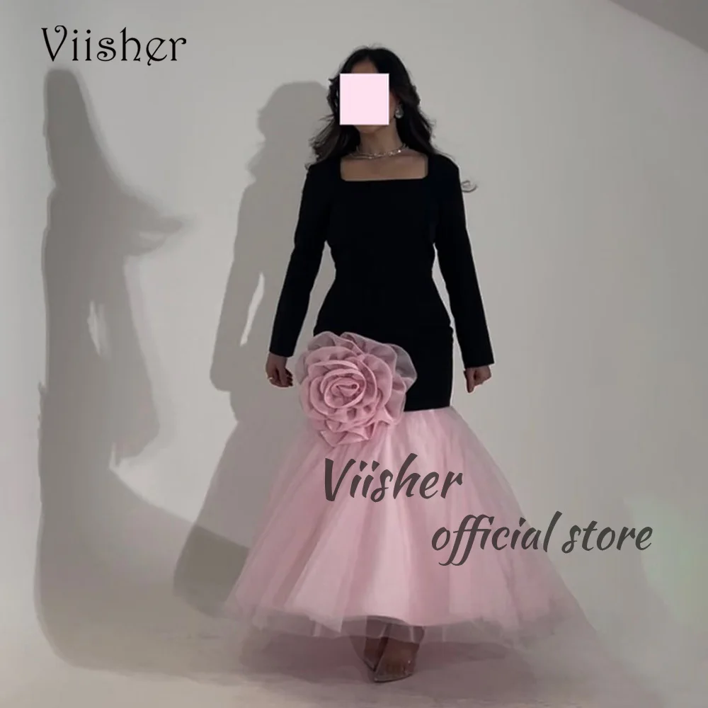 

Viisher Black Pink Mermaid Evening Dresses Long Sleeve Square Neck Pleats Flower Dubai Arabia Prom Party Dress Floor Length