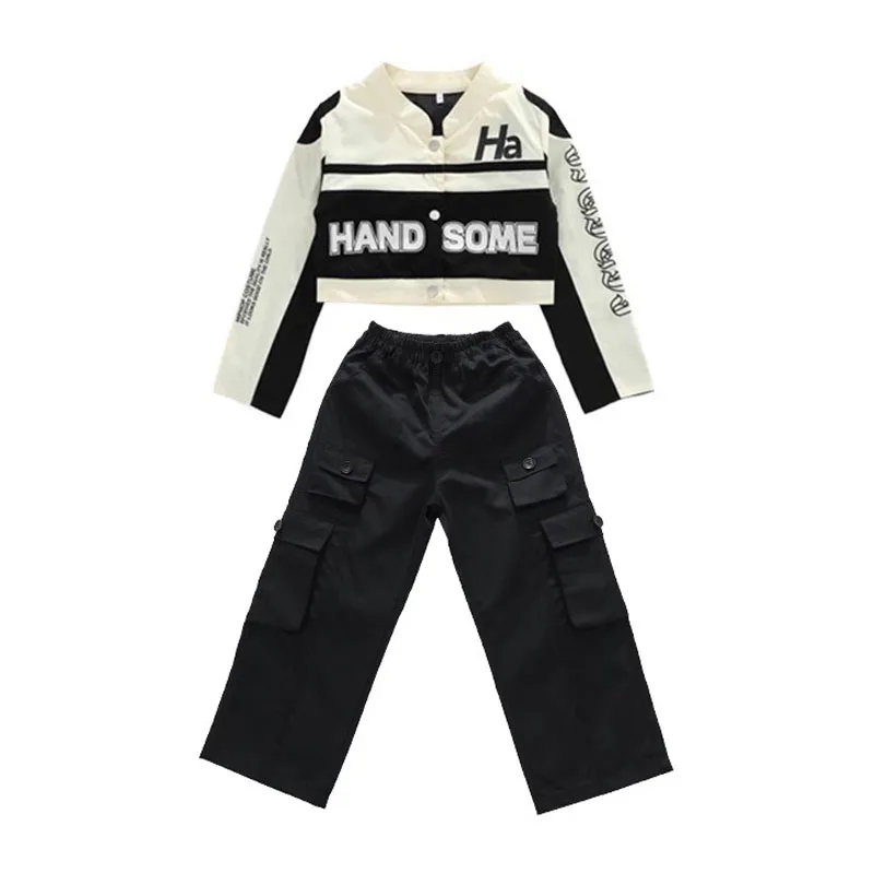 Kid Cool Hip Hop Clothing White Motorcycle Crop Shirt Jacket Top Black Casual Cargo Pants for Girls Jazz Dance Costumes Clothes