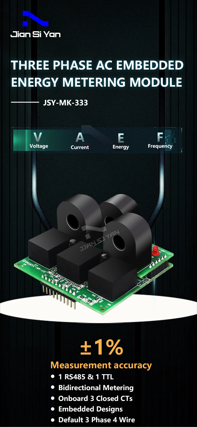 JSY-MK-333 50A 3P4W RS485 TTL Modbus Messgerät Solar-Energie-Überwachungssystem Miniatur-Stromzählermodul für neue Energien – Detail 2