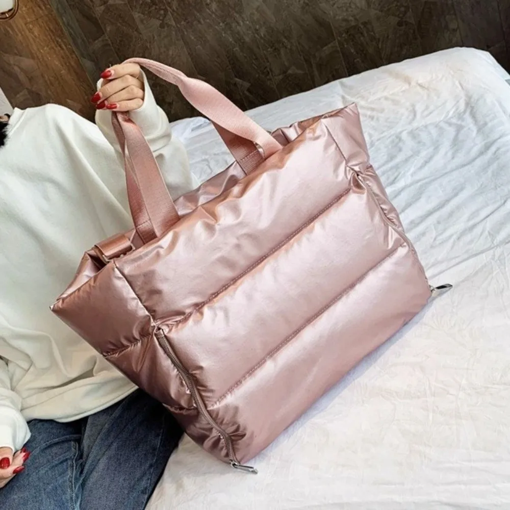 

Simple Solid Color Travel Tote Bag Nylon Soft Shoulder Gym Sports Bag With Handle Large Capacity Yoga Mat Bag Women