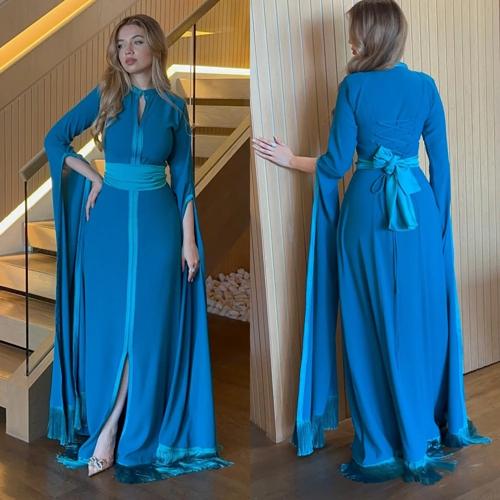 

Customized Exquisite Jersey Pleat Tassel A-line Jewel Long Dresses Celebrity Sparkle Sizes Available