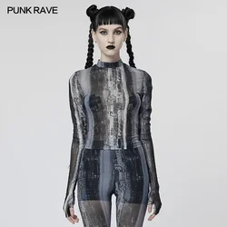 PUNK RAVE Women's The Post-apocalyptic Techwear Tight Printing Mesh T-shirt Punk Slim Unique Aesthetic Tops Spring Women Clothes