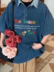 Korobov American Vintage Lettering Embroidered Lapel Shirt Loose Casual Short Sleeve Denim Jacket Fashion Chaquetas Para Mujeres