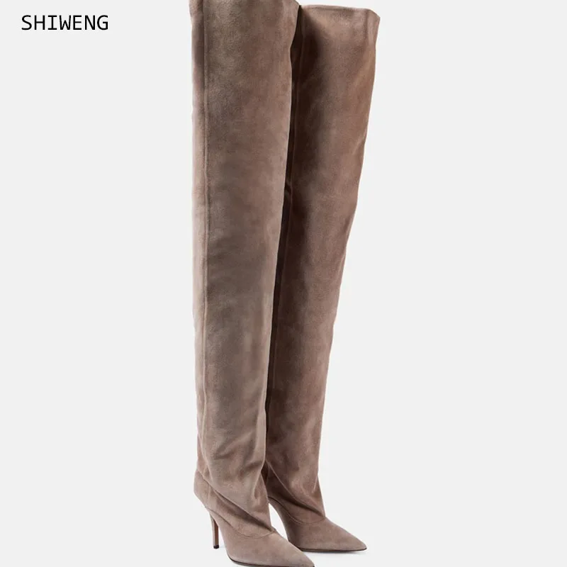 2025 Women Suede  Pointed Suede Stiletto Over-The-Knee Boots Solid Color Pleated Pile Boots Large Size Solid Color Long Boots 44