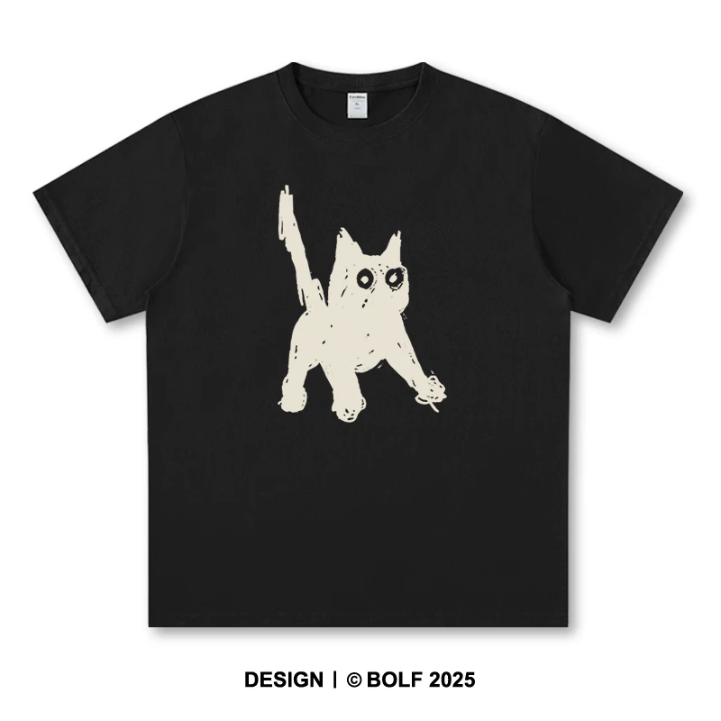 Simple Cat Sketch Herren-T-Shirt, 100 % Baumwolle, lockere Passform, minimalistische Grafik-T-Shirts für Herren, trendige Streetwear