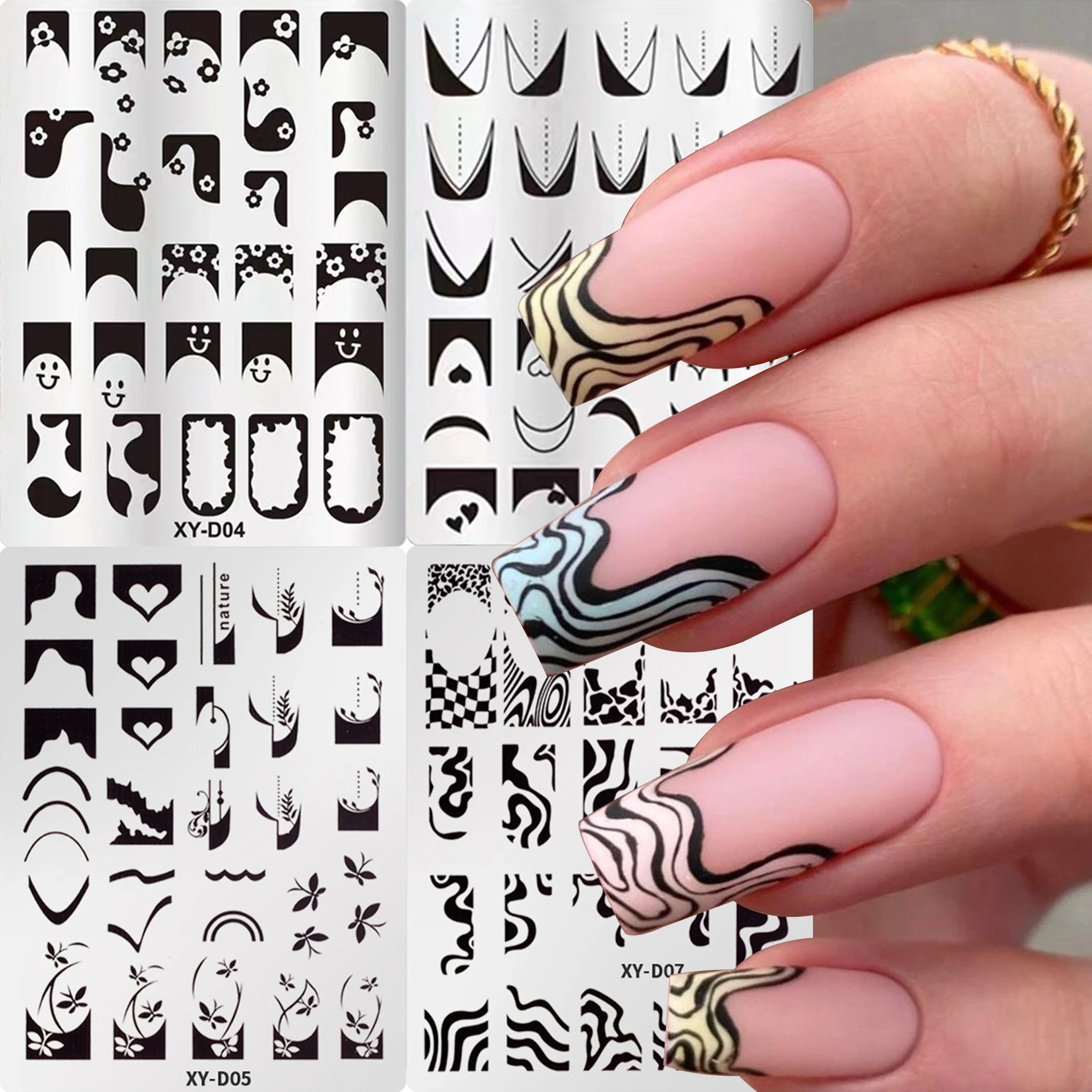 프린팅 스탬프 도구 템플릿, 매니큐어 장식, 네일 아트 스탬핑 플레이트, 프렌치 라인 디자인, 네일 광택제, 꽃 잎 스트라이프
