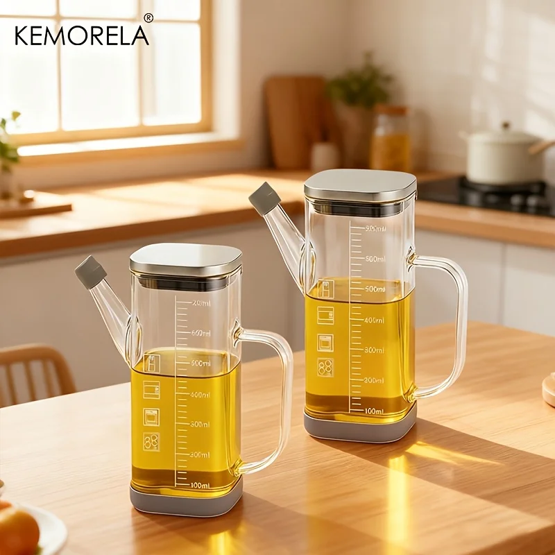 KEMORELA Dispensador de aceite de oliva de vidrio de 700 ml con marcas de medición y vertedor a prueba de goteo para cocinar y asar - 1/2PCS
