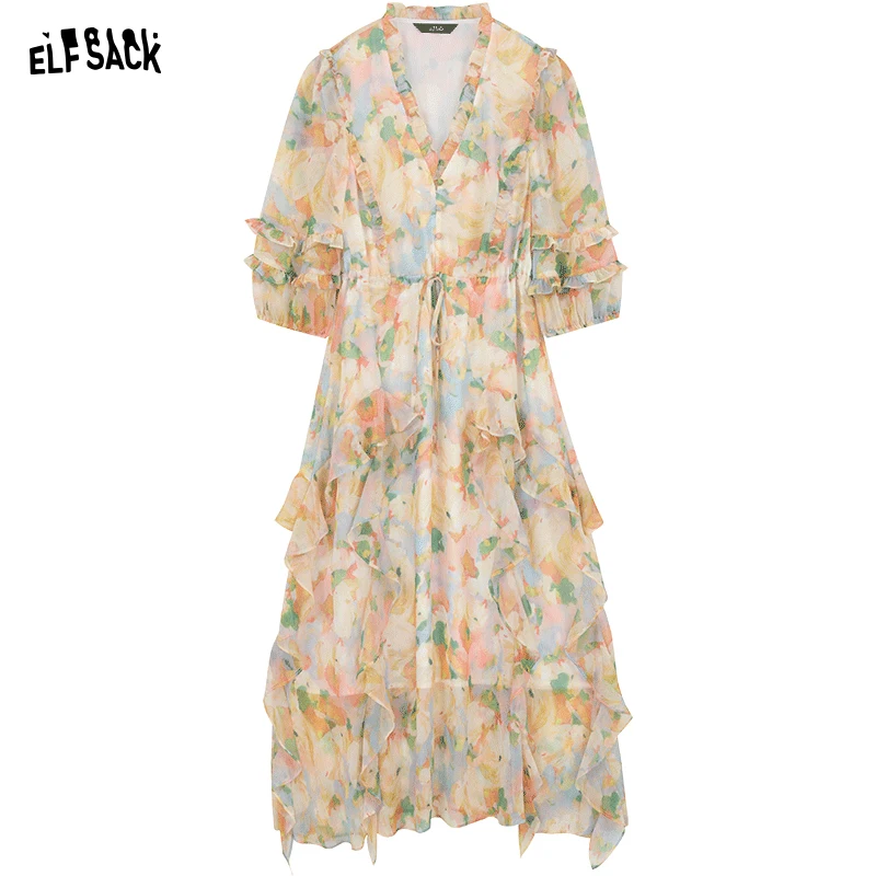 ELFSACK 2024 Summer New French V-Neck Spliced Ruffle Edge Waist Fragmented Flower Dress for Women