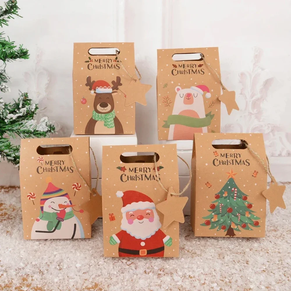 

24PCS Christmas Kraft Paper Box with Tag Xmas Goodies Treat Candy Gift Packing Bags New Year Navidad Decor Supplies Paper Bag