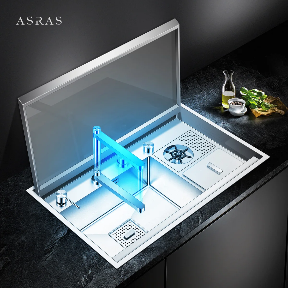 ASRAS Flip Cover Hidden kitchen Sink 304 Stainless Steel 4mm Thickness Handmade Stepped Sinks Cup Rinser Sinks