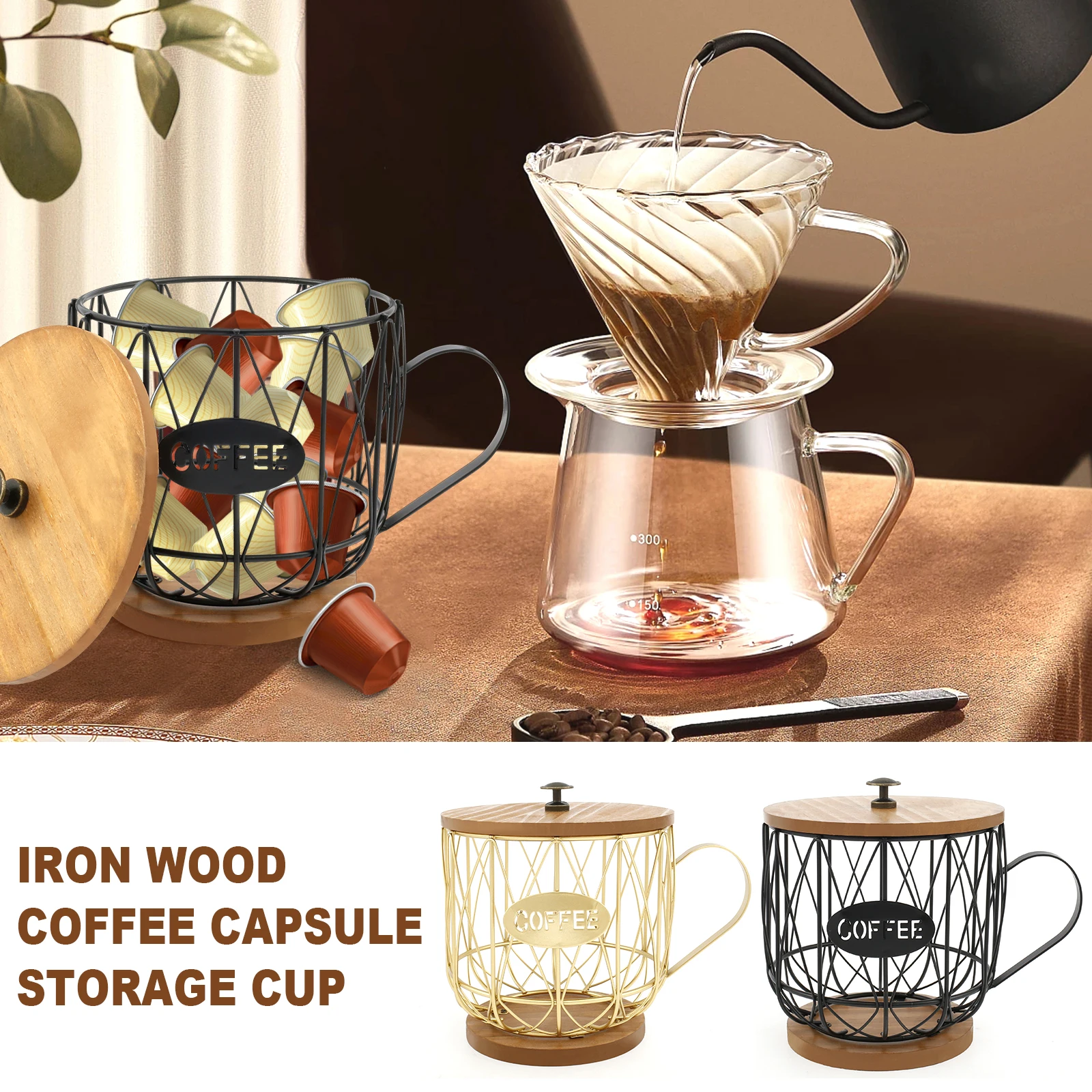 

Coffee Pod Holder with Lid Large Capacity Coffee Filter Holder with Wood Lid and Base Retro Coffee Pod Basket Holder Stylish