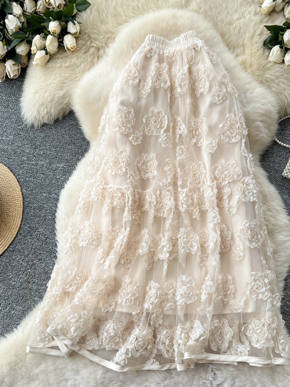 

Ele High Waist A-Line Skirt for Women Summer Slimming Fairy T Sle Soft Wind Subtle Floral 3D Embroidery Me Skirt
