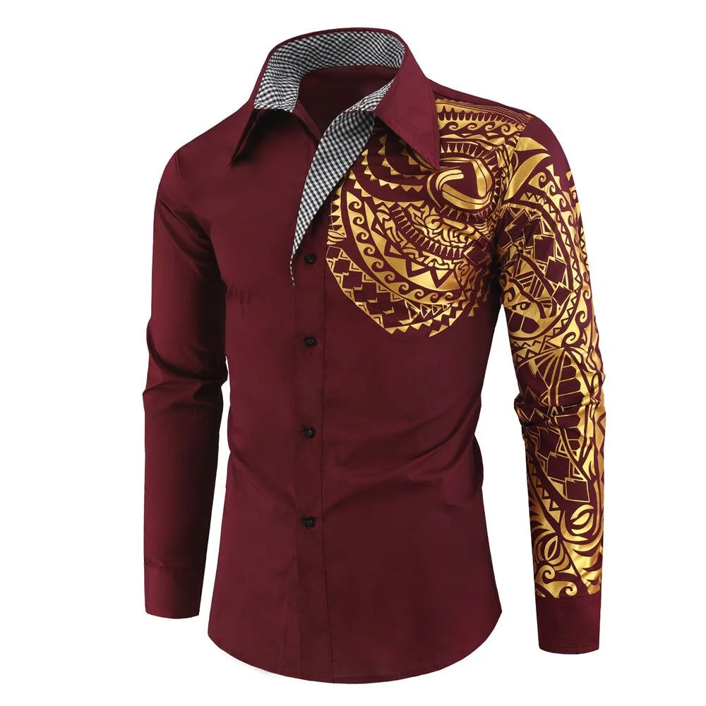 2024 spring and autumn men\'s long-sleeved shirts gold printed lapel long-sleeved tops casual temperament men\'s clothing