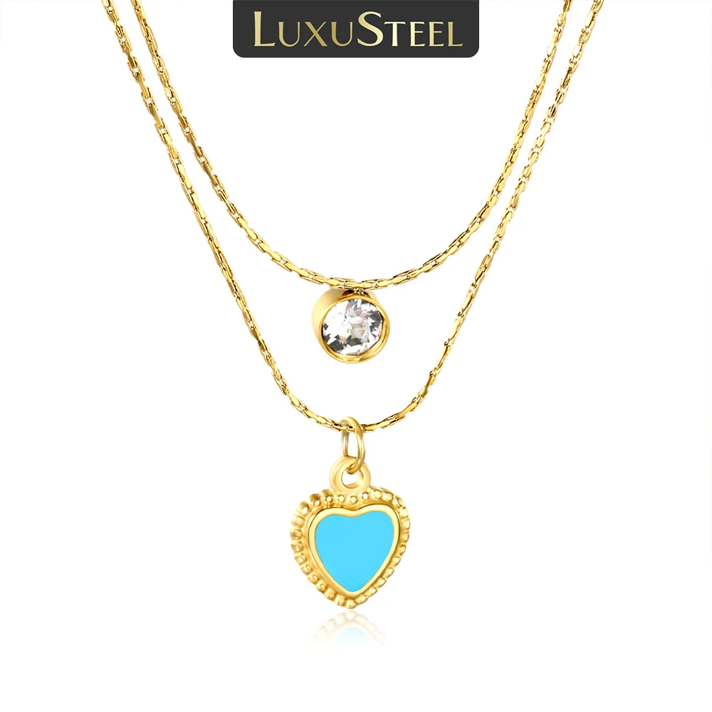 

LUXUSTEEL Fashion Blue Drop Heart Double Chain Pendant For Women Stainless Steel Cubic Zirconia Female Necklace Jewelry Gift