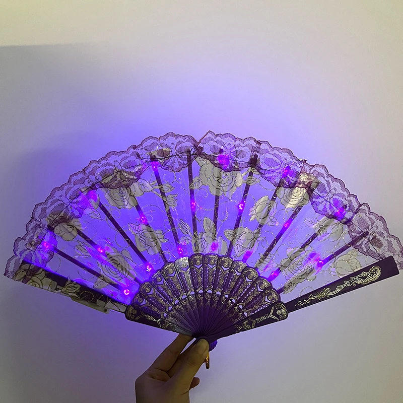 9inches Glowing Lace Hand Fan LED Folding Hand Fan Girl Women Dance Light Up Foldable Fan Bar Performance Night Show Supplies - Image 3