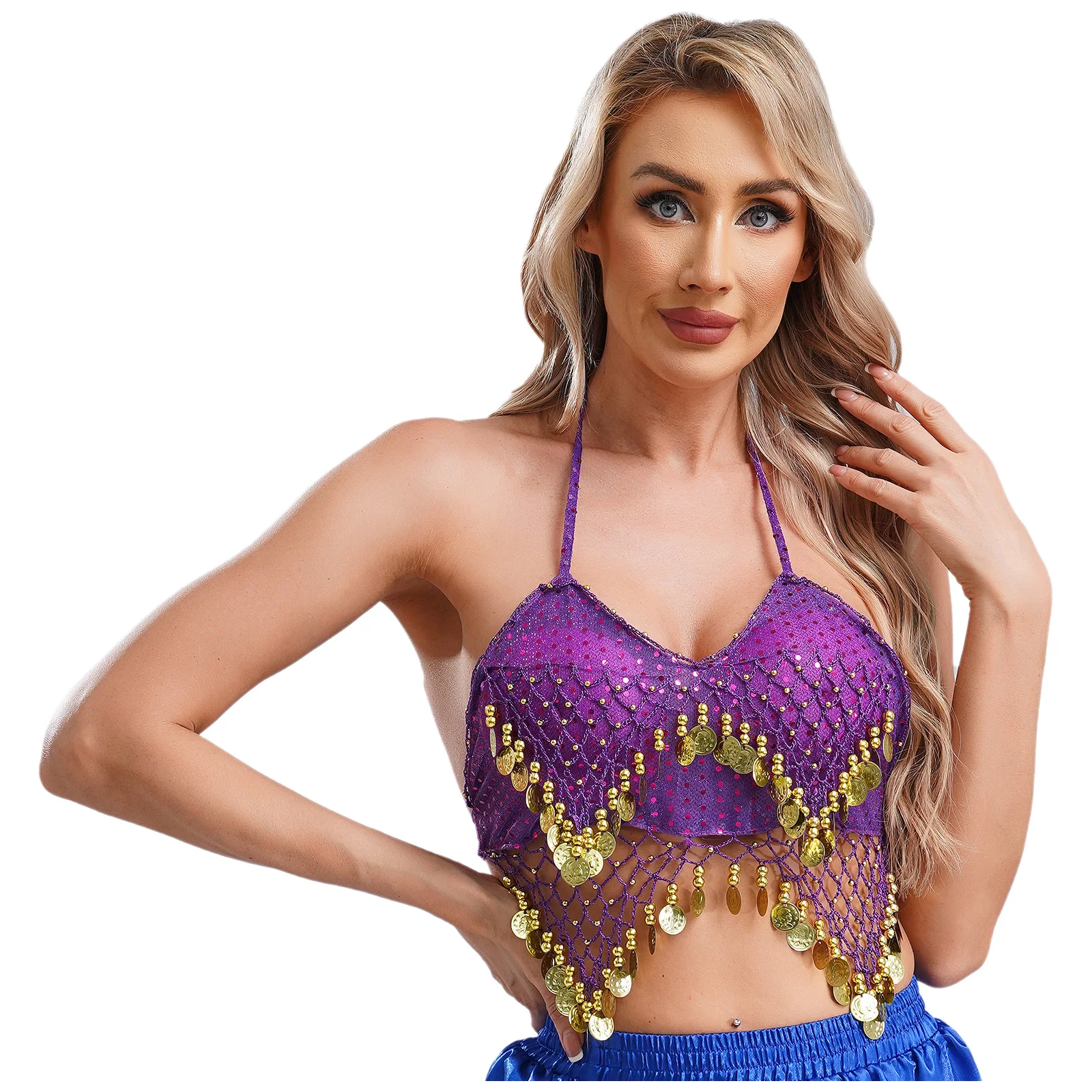 Womens Buikdans Tops Pailletten Halter Bh Kralen Kwastje Bh Lace-up Dance Crop Top Boho Festival Buikdans Prestaties kostuum