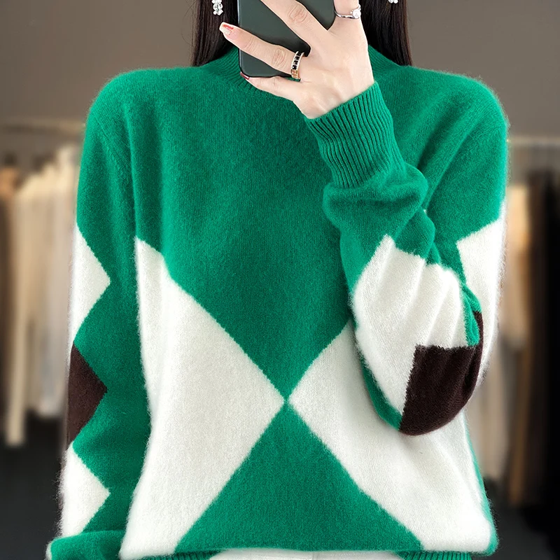 Autumn Winter 100% Merino Wool Sweater Mock-Neck Pullover Contrast Color Cashmere  Classic Long Sleeves Clothing Top