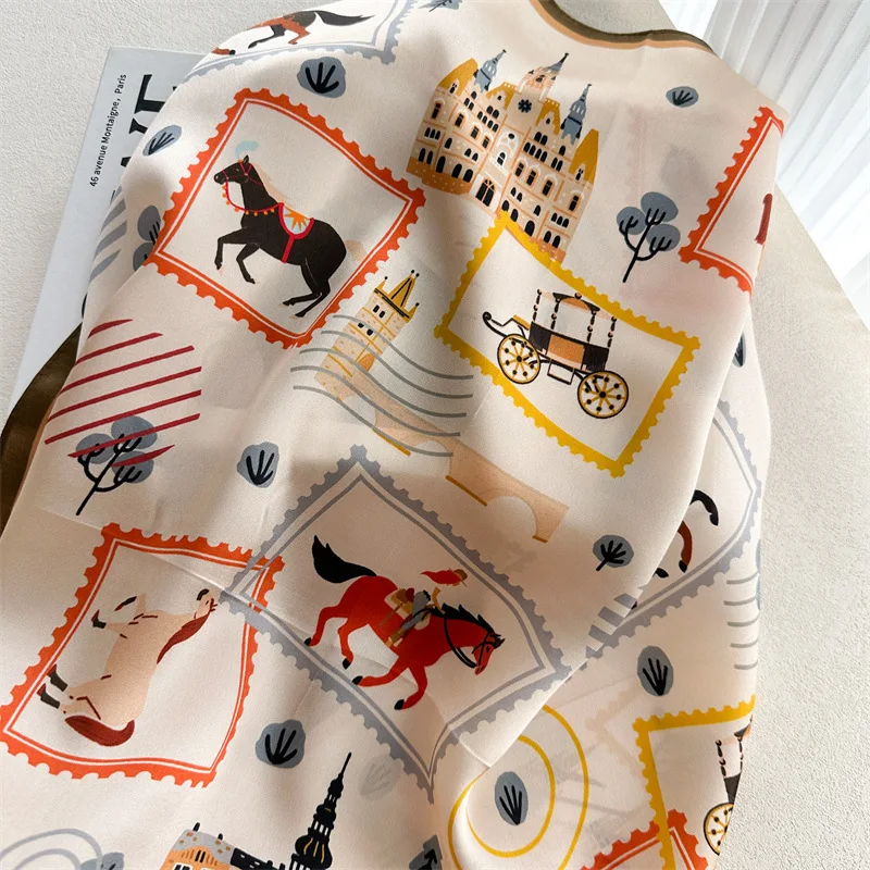 100% MULBERRY SILK 65X65cm Vintage Stamp Equestrian Castle Square Scarf Cream Base Olive Trim Bandana Women Office Travel Gift - view 2