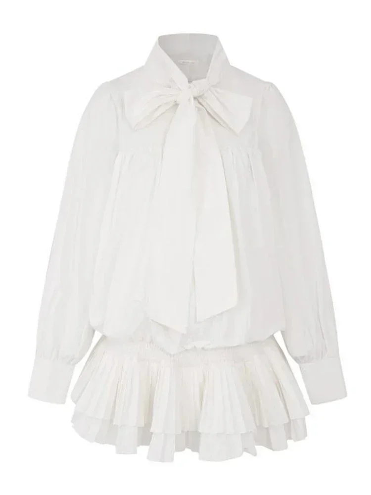 Nova manga comprida branca plissada renda até camisa saia para mulheres moda coreana e doce estilo universitário casual mini vestido feminino