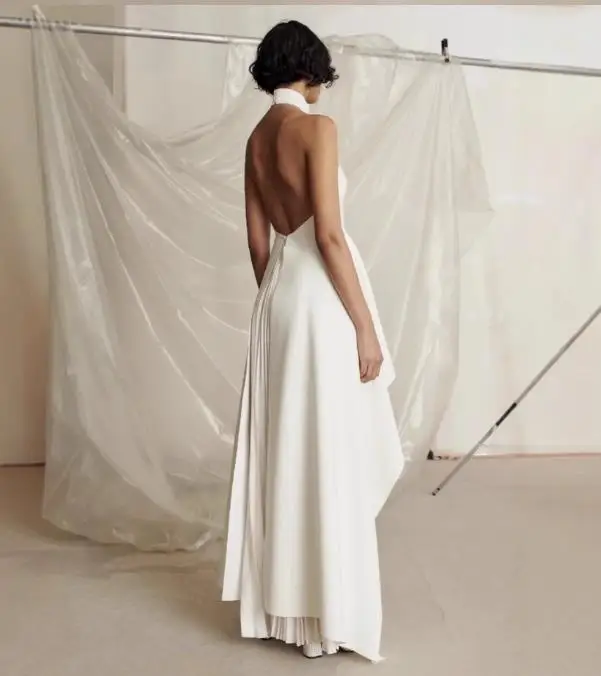 

Women's Clothing 2025 New High Neck Sleeveless Waist Cinched Pure White Pleated Dress Temperament Commuting Retro Elegant Dress