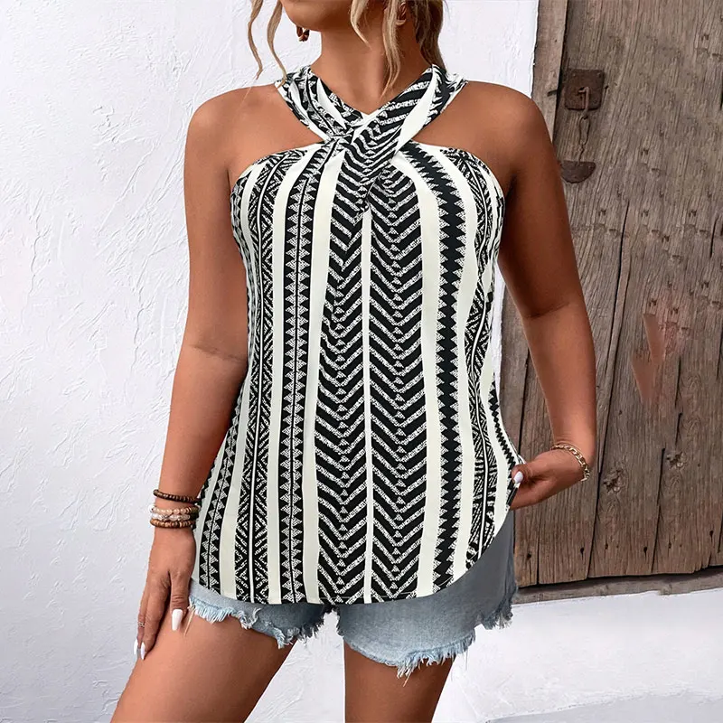 Plus Size Cross Halter Tank Top Women Vest Sexy Crop Tops Beach Vest Halter V-Neck Crop Tube Tops Lady Knitted Off Shoulder