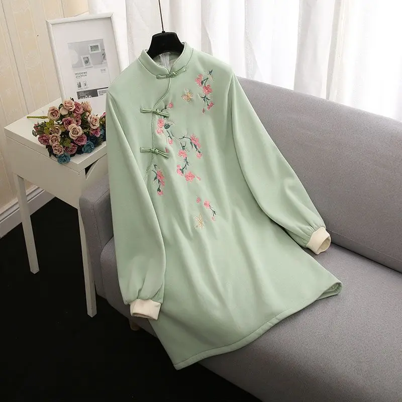 New Modern Chinese Style Chinese Style Embroidery Sweatshirt Dresses Plush And Thickened Dress Winter Plus Size Women Clothing