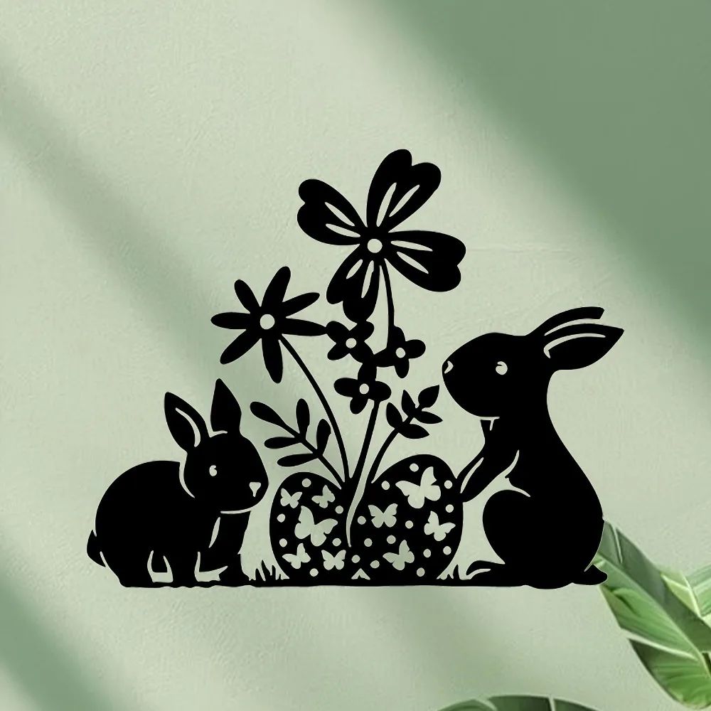 1pc 2D Flat Easter Bunny Metal Wall Decor, Floral Rabbit Sculpture, Country Style Indoor Outdoor Hanging Ornament for Home