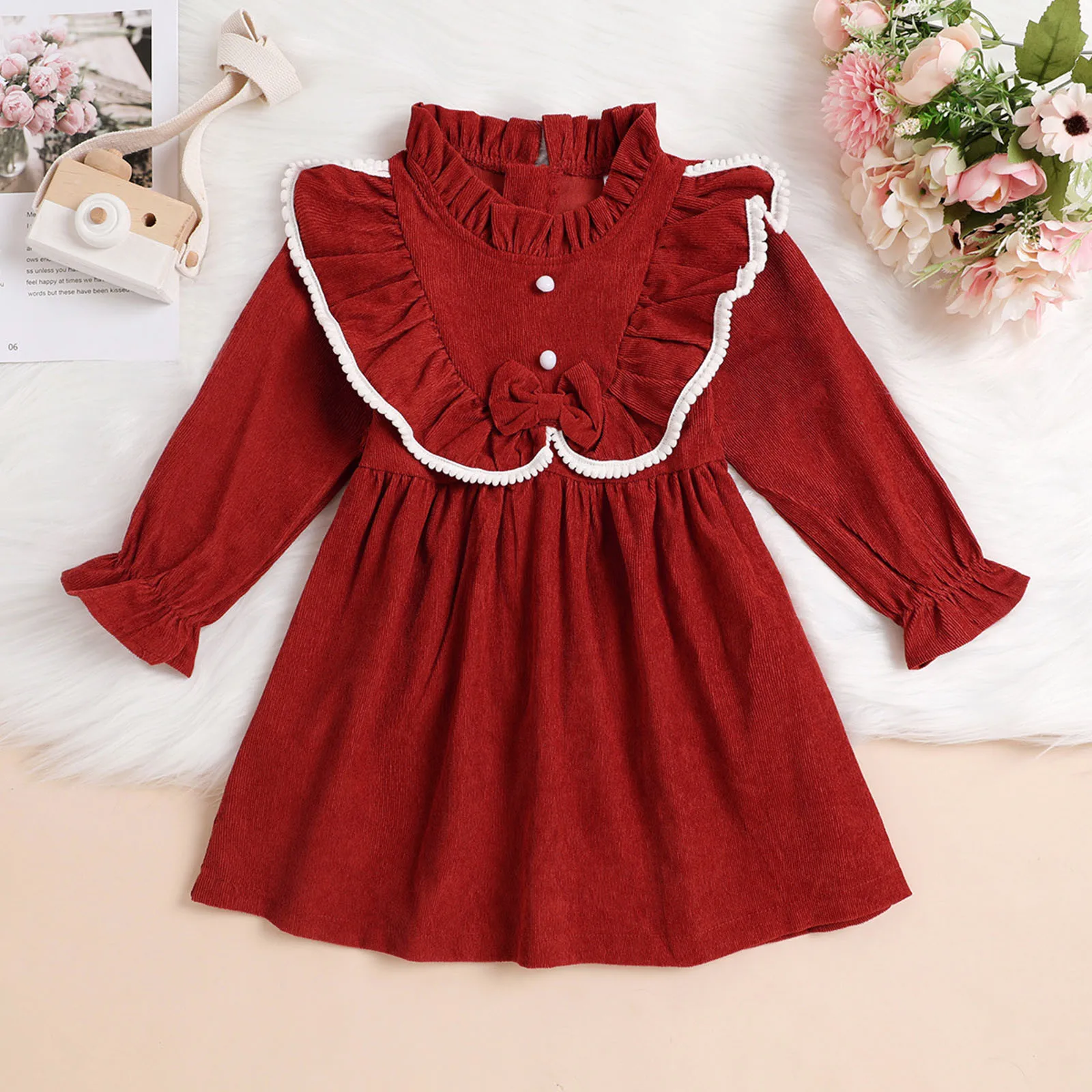 Kids Baby Little Girls Spring Autumn Corduroy Dress Mock Neck Ruffled Princess Long Sleeve Bow Decor A-Line Dress For Girls 1-5T