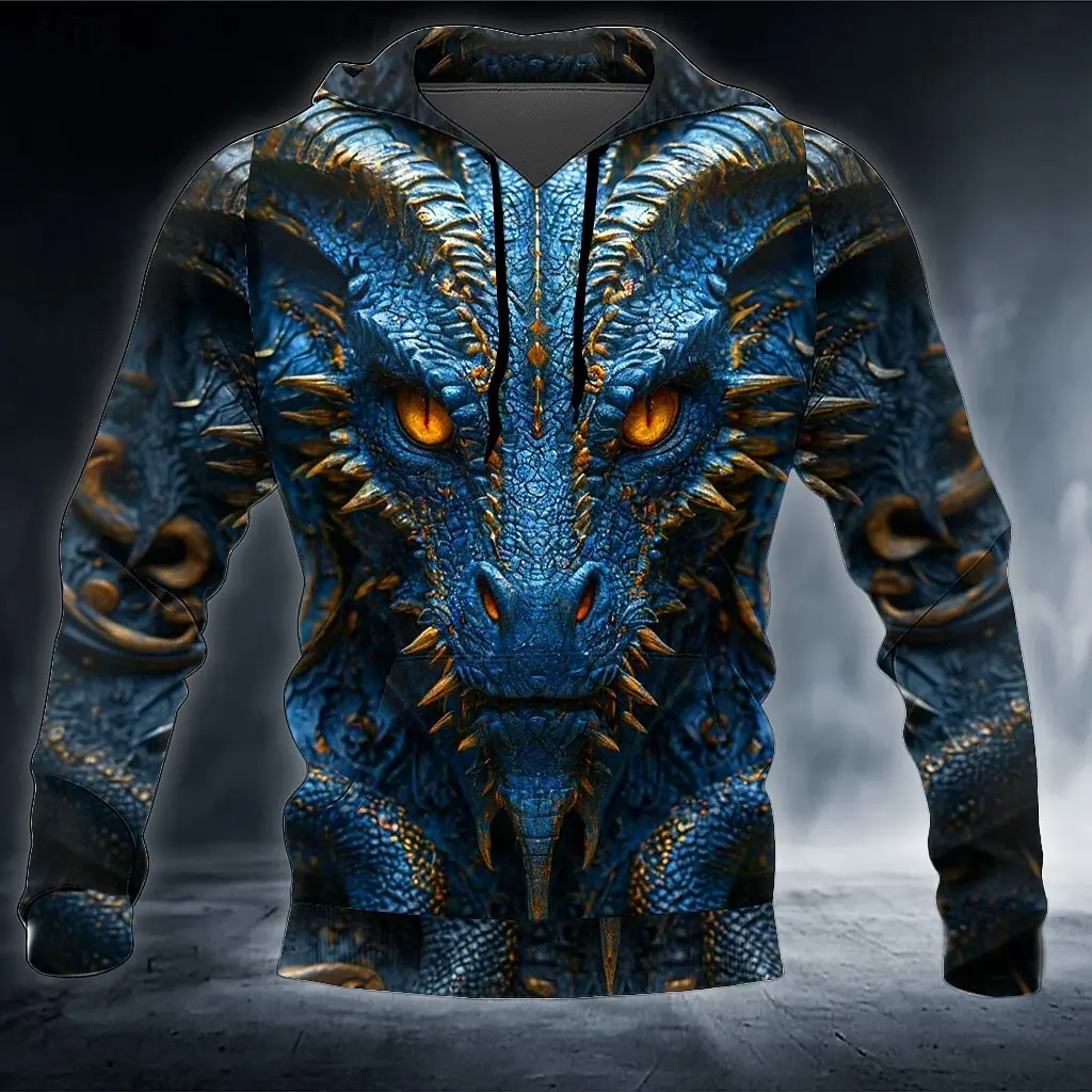

3D Vintage Dragon Pattern Men's Hoodies Fashion Cool Long Sleeve Hooded Sweatshirts Autumn Winter Outdoor Casual Clothes For Men