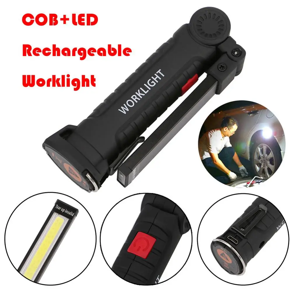 

COB LED Flashlight Rechargeable Work Camping Torch Folding Night Light (L)