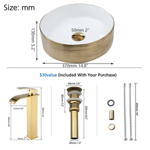 Yanksmart Round Gold Ceramics Bathroom Basin Vanit Bench Golden Pia Mixer Waterfall Taps with Pop-Up Drain Combination Kit 6 Main Sales Cuba Sink Bathroom - №5
