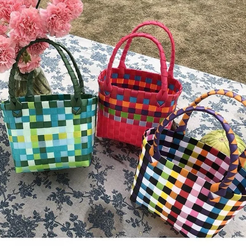 New Woven Bag Small Square Bag Plastic Vegetable Basket Bag Small Color Basket Photo Taking and Beach Bag Handbags for Women