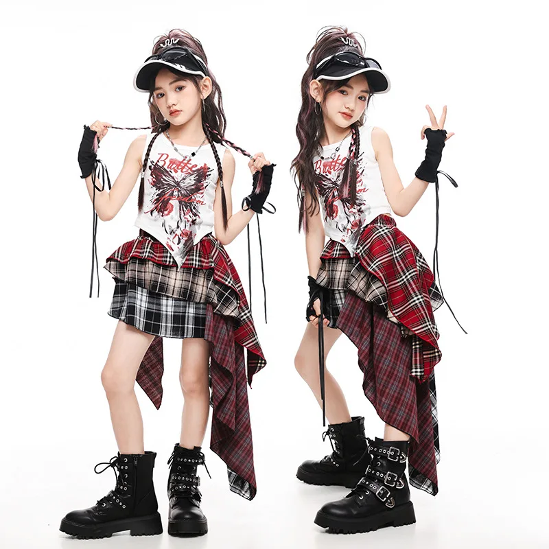 

Girls Jazz Stage Costume Hip Hop Dance Outfit K-pop Performance Clothes Kids Street Dance Suit White Vest Top Irregular Skirt