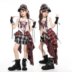 Girls Jazz Stage Costume Hip Hop Dance Outfit K-pop Performance Clothes Kids Street Dance Suit White Vest Top Irregular Skirt