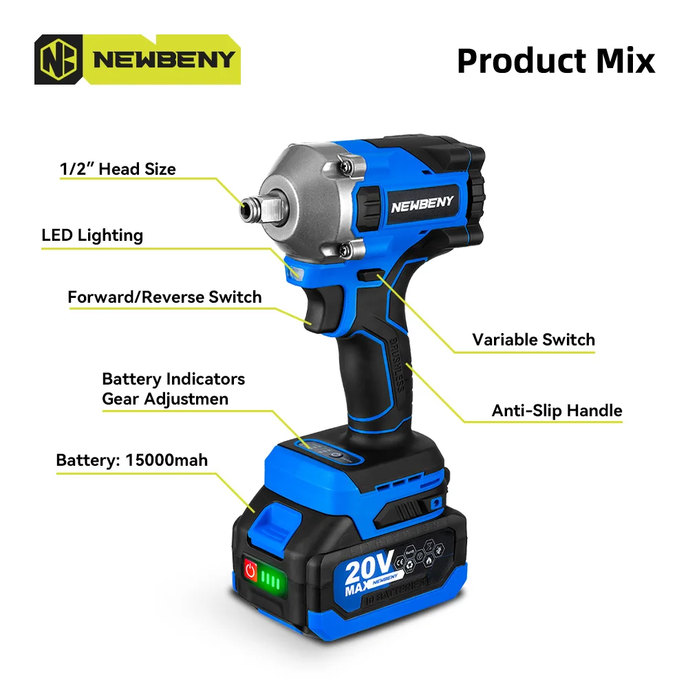 NEWBENY 1000N.m Brushless Electric Impact Wrench 1/2 inch 3 Gear Cordless Efficient Car Repair Power Tool For Makita 18V Battery