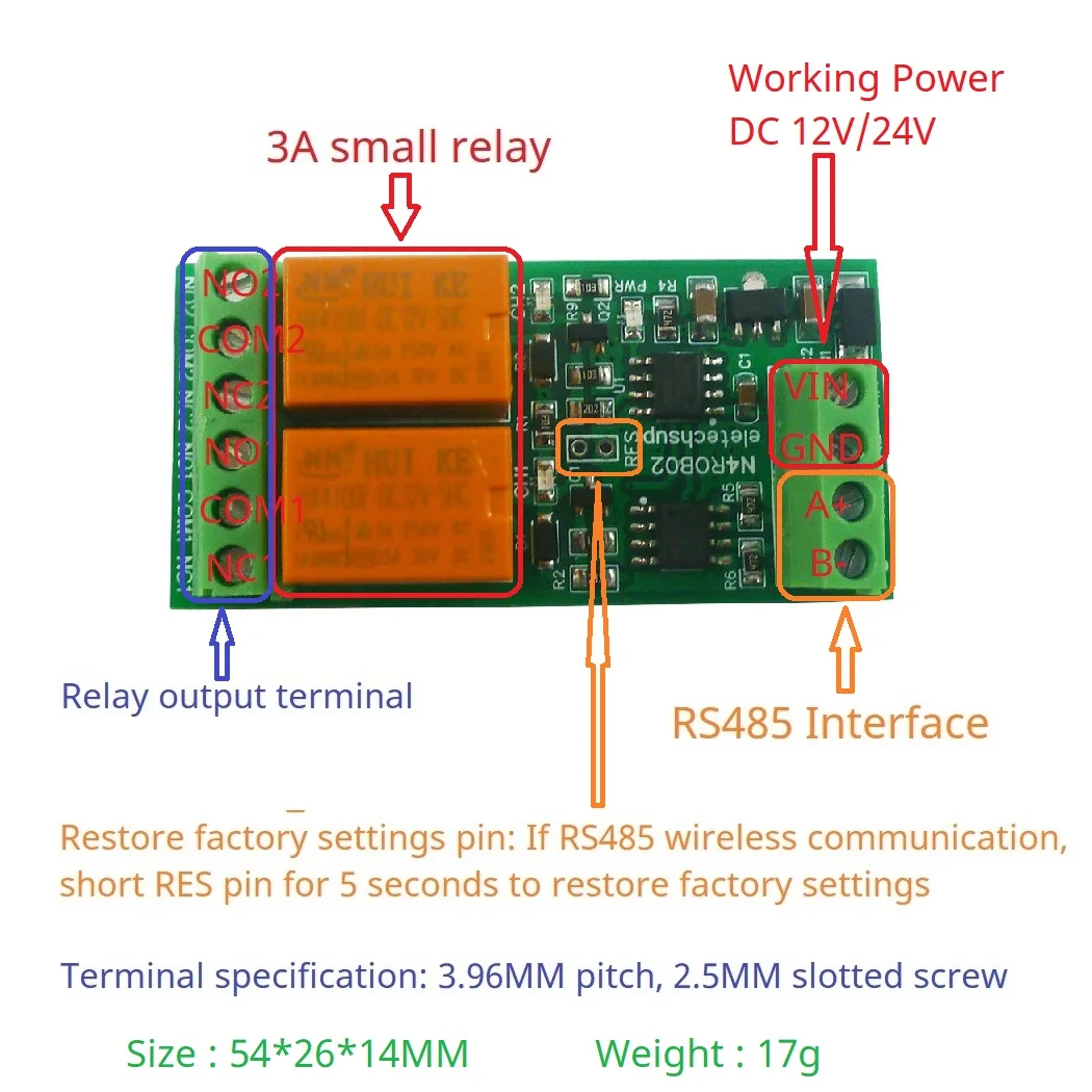 2CH مايكرو حجم 3A RS485 لوحة التتابع 12 فولت 24 فولت تيار مستمر ، Modbus RTU UART PC مفتاح التحكم المنفذ التسلسلي لأتمتة المنزل PLC الصناعية