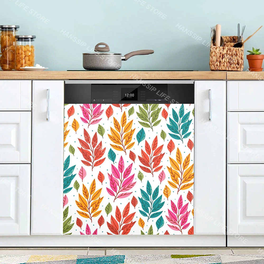 Watercolor Flower Plant Leaves Printed Dishwasher Sticker Wallpaper Kitchen Waterproof Washing Machine Cabinet Panel Art Decals