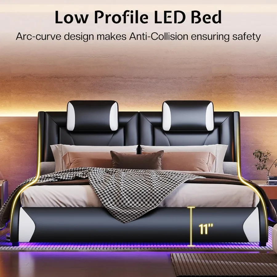 إطار سرير LED كامل الحجم مصنوع من الجلد الصناعي ومموج مثل تصميم منحنى لا حاجة إلى صندوق زنبركي باللون الأسود