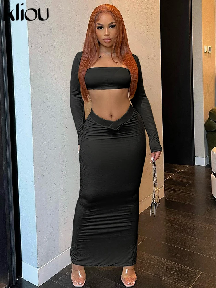 Kliou Solid Casual Two Piece Set Women Hipster Full Sleeve Square Neck Crop Tees+Elastic Waist Long Skirts Female Street Outfits