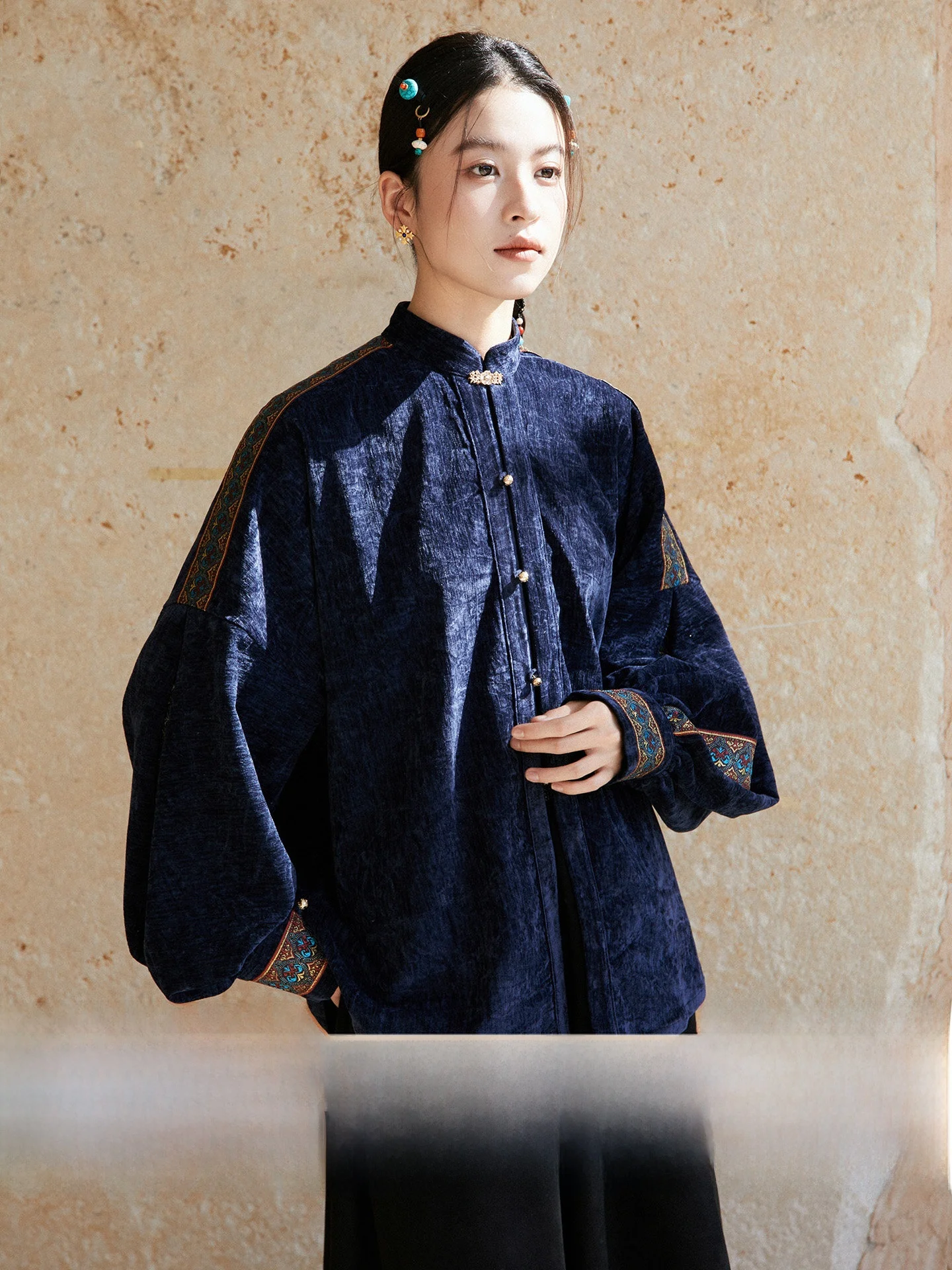 

Anytime Ethnic Sle Patchwork Design Crumpled Stand Collar Chinese New Sle irt Women's Loose Fit Long Sve Polyester