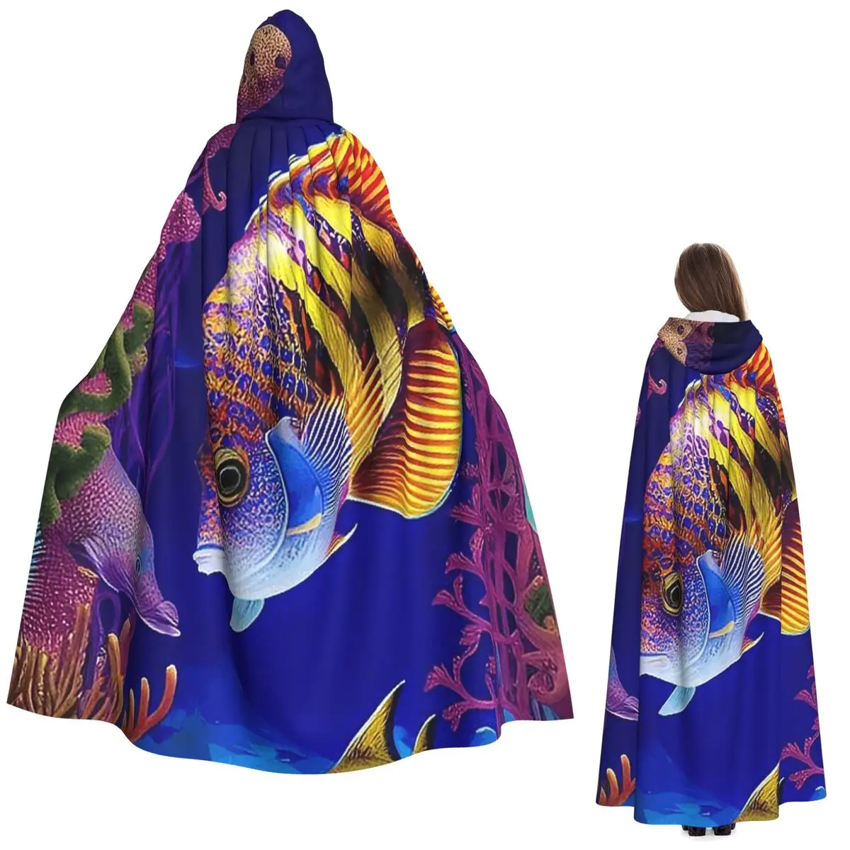 

Colorful Fish In The Ocean Tropical Fish Long Hooded Cloak Witch Medieval Costume Cosplay Cape HalloweenParty Adult Unisex