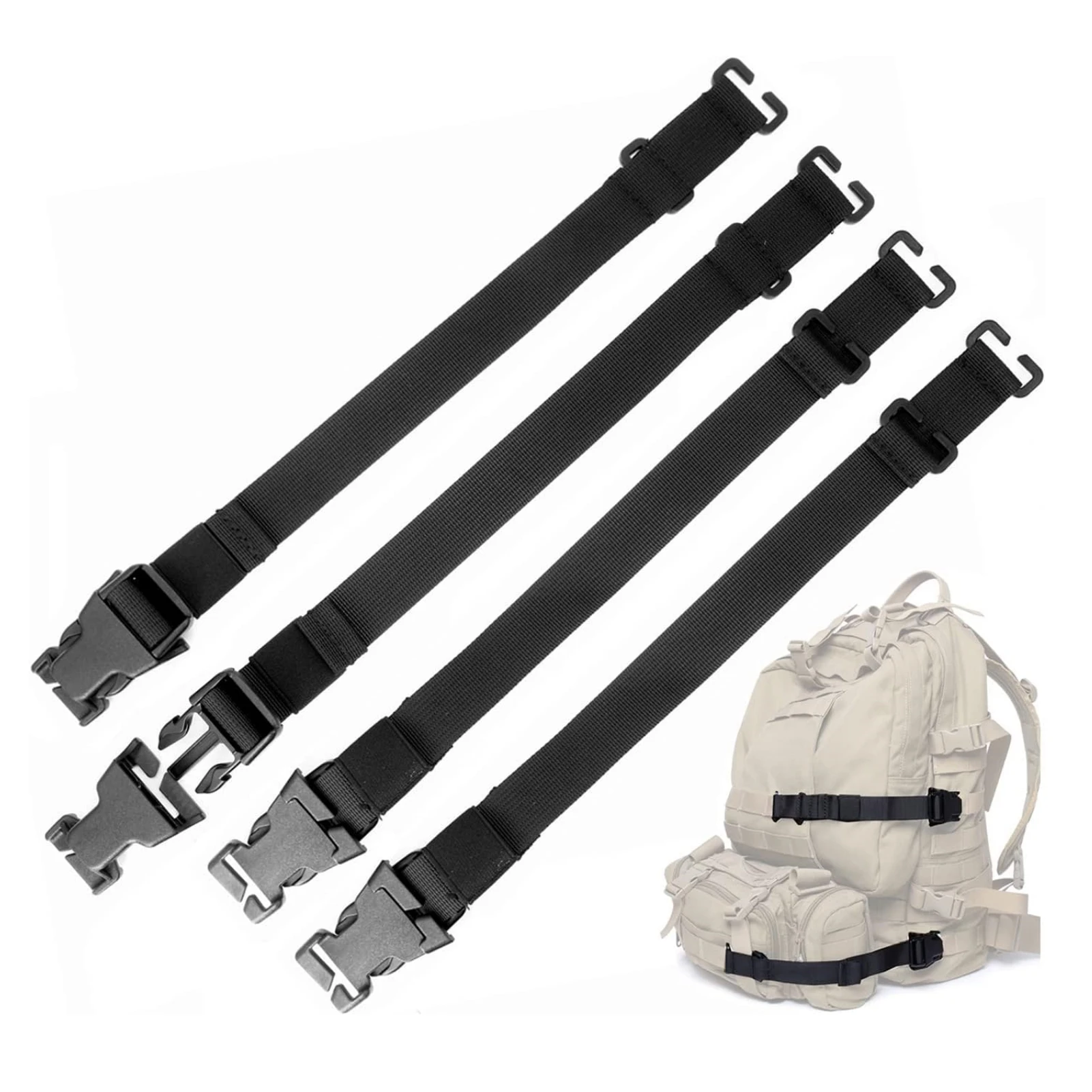 4Pcs Tactical Rush Tier System, Adjustable Molle Backpack Fastening Straps with Buckle Clips, Outdoor Compression Bundling Strap