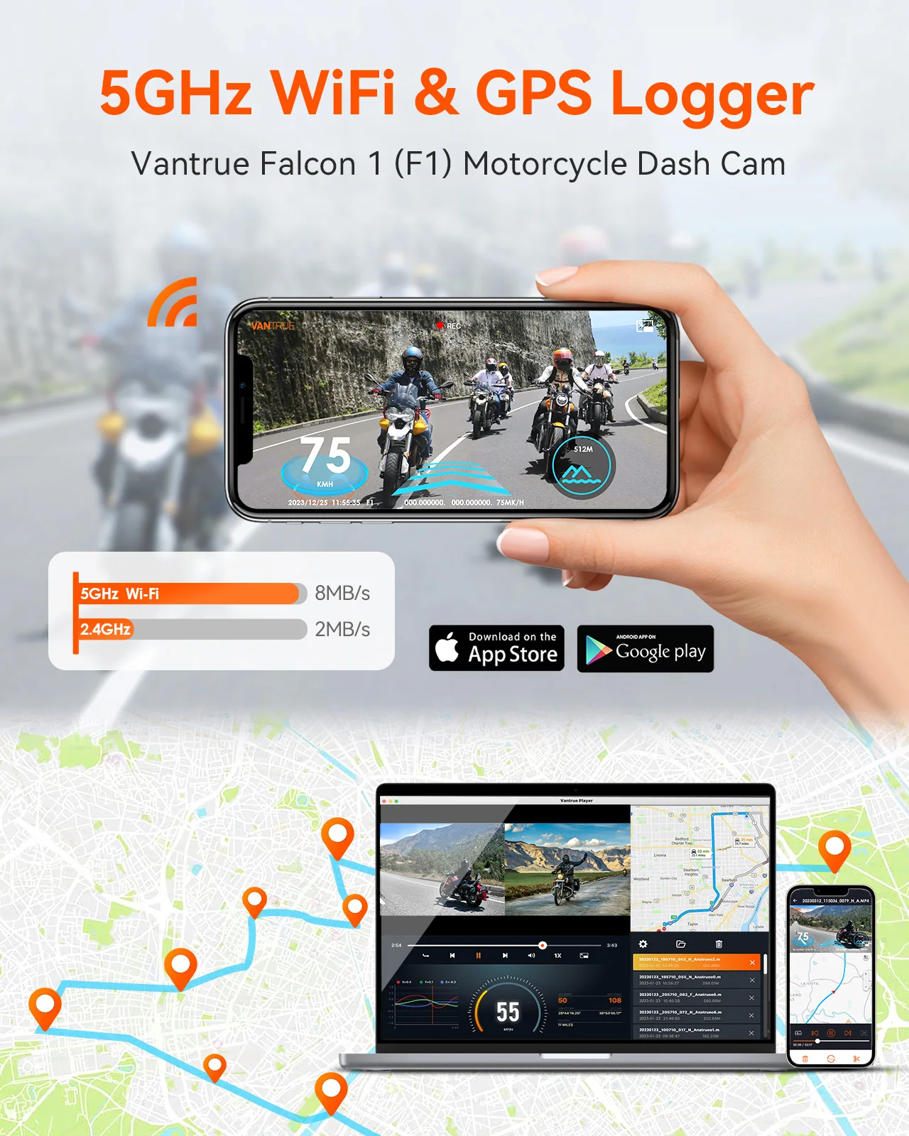 Vantrue F1 Motorcycle 4K Front and Rear Dash Cam Vantrue GPS Full Body Waterproof Wi-Fi 160°Wide Angle