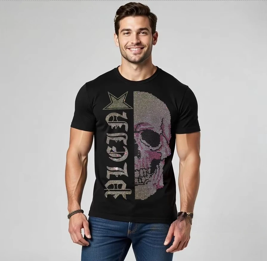 2026 Coole Luxus-Kristall-Strass-Herren-T-Shirts aus reiner Baumwolle mit O-Ausschnitt, kurzen Ärmeln, Sommer-Street-Style, weich und bequem – Detail 3