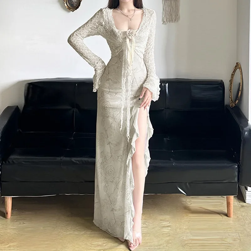 

Solid Color One-line Collar Mesh Suspender Dress for Women Early Autumn Ruffled Ribbon Flower Design Slit Long Skirt